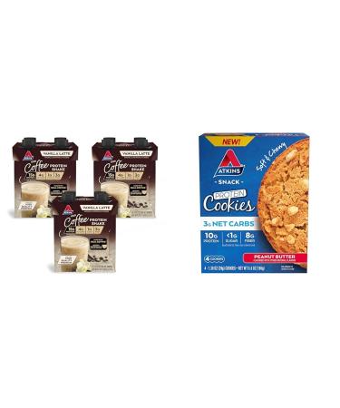 Atkins Iced Coffee Vanilla Latte Protein Shake with 15g Protein 4g Net Carb 1g Sugar and Atkins Peanut Butter Protein Cookie with 10g Protein 3g Net Carb 1g Sugar Keto Friendly Low Glycemic Rich in Fiber