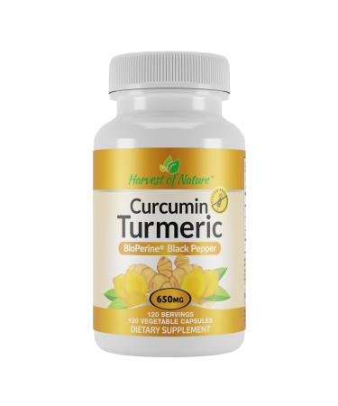 Harvest of Nature Organic Turmeric 650mg 50mg Curcuminoids with BioPerine Black Pepper High Absorption Curcumin Supplement for Joint & Immune Support Vegan Non-GMO 1 Pack (120 Capsules) 120 Count (Pack of 1)