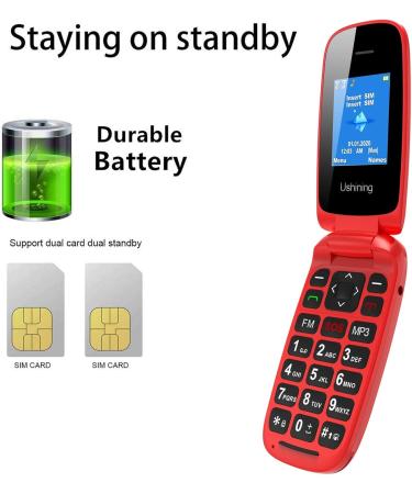 USHINING GSM Senior Flip Phone - Large Button Emergency Call 1.77 Color Display - No Contract - Red - Buy Online on GoSupps.com