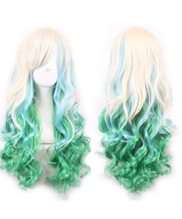 ColorfulPanda Beautiful Long Curly Wavy Greeen Blond Wig Harajuku Style Cosplay Halloween Wig White-Green