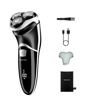 Men Electric Razor, ROAMAN Rechargeable Corded and Cordless Electric Shaver for Men with Pop-up Trimmer, Wet Dry IPX7 Waterproof, Wall Adapter 100-240v Black