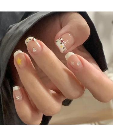 Cute False Nails French White Kitty Stick on Nails 24pcs Short Square Press On Nails with Glue Kitty Design Sweet Fake Nails for Kids Women Girls Maggidea Press On Nail (French Kitty) - Buy Online on GoSupps.com