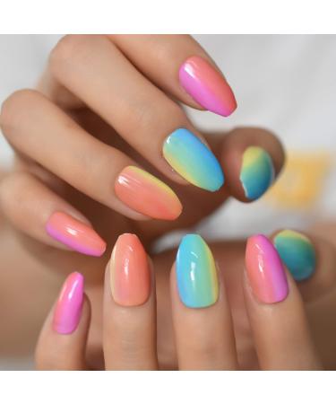 Shiny Colorful Press On Nails Short Colorful Ombr Style Rainbow Fake Nails Medium Size 24pcs/set
