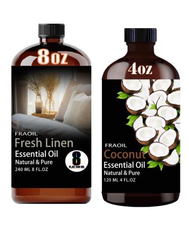 Fresh Linen Essential Oil 8 Fl Oz and Coconut Essential Oil 4 Fl Oz for Diffuser Humidifier Yoga Cleaning DIY Candle Soap Making Perfume Gift for Essential Oils
