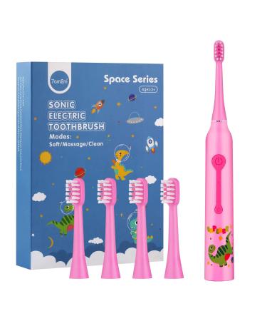 7AM2M Kids Electric Toothbrushes with 4 Brush Heads, 3 Modes with Memory, IPX7 Waterproof, 2 Minutes Build-in Smart Timer, Baby Kids Toothbrushes Suitable Age 3+ (Pink) Am103-pink