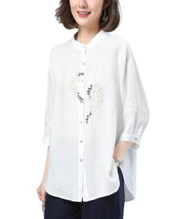 Bianstore Womens Cotton Linen Shirts Embroidered 3/4 Sleeve Blouses Button Down Tunic Tops White Small