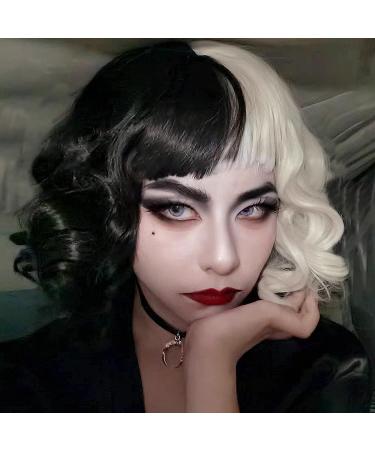 Cruella Deville Wigs Black and White Wigs Short Curly Wig & Wig Cap Wavy Curly Wigs Halloween Cosplay Party Wig for Women Men Halloween Decoration Cosplay supplies - Buy Online on GoSupps.com
