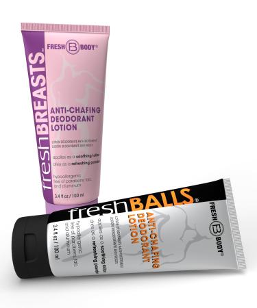 Fresh Breasts & Fresh Balls Anti-Chafing Lotion Duo for Women & Men 3.4 fl oz Soothing Deodorant Lotion Set Talc-Free Aluminum-Free Paraben-Free