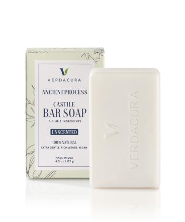 Verdacura Pure Castile Bar Soap for Face Body and Hands All Natural Vegan Soap Ultra-Gentle Biodegradable Sustainable Cruelty Free Palm Oil Free Suitable For Sensitive Skin Made in USA (Unscented 4.5 Ounce 1 Pack) Unscen...