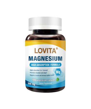 LOVITA Triple Magnesium Complex 500mg High Absorption and Potency Formula Glycinate Citrate & Oxide Support Sleep Relaxation Heart Nerves & Bone Health 180 Vegan Capsules 180 Count (Pack of 1) New Package