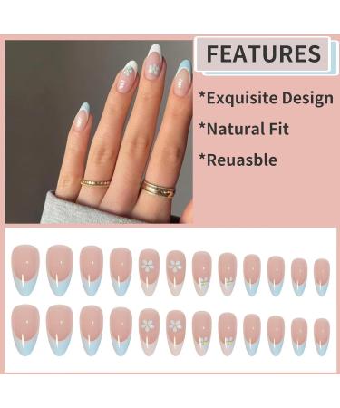 Runrayay Blue Flower Press on Nails - Medium French Tips | Nude Full Cover Fake Nails for Women & Girls - Perfect Spring Nail Art - Buy Online on GoSupps.com