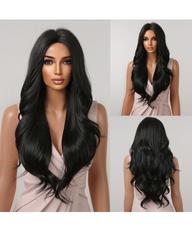 Long Curly Black Wigs for Women | Natural Wavy Synthetic Middle Part Wig - Shop Internationally! - Buy Online on GoSupps.com