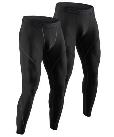 DEVOPS 2 or 3 Pack Men's Thermal Compression Pants Athletic Leggings Base Layer Bottoms Small 1# (Non-pocket) Black / Black