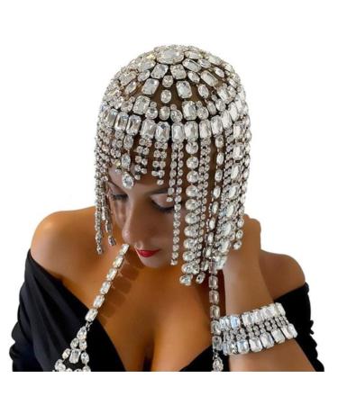 STONEFANS Vintage 1920s Rhinestone Headpiece Cap for Women Crystal Flapper Head Chain Hairpieces Gatsby Cleopatra Hair Accessories (Silver)