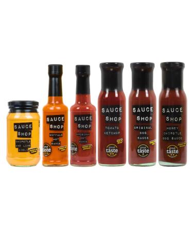 Sauce Shop - Bestseller Collection - 1x Tomato Ketchup 1 x Honey Chipotle BBQ Sauce 1x Buffalo Hot Sauce 1x Original Hot Sauce 1x Chipotle and Lime Aioli and 1x Original BBQ Sauce