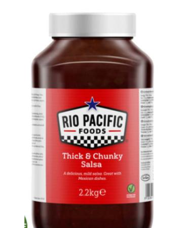 Salsa Dipping Sauce 2.2L Restaurant Quality Rio Pacific .Thick deep red chunky salsa with a glossy sheen. Visible Onion Dices with chunks of Tomato Red Pepper and flecks of Oregano.