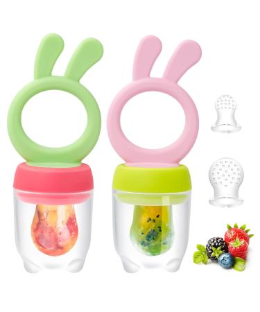 Baby Fresh Fruit Food Feeder Pacifier 2 Pack HAOBAOBEI Silicone Teething Toy for Babies 3-12 Months BPA-Free Baby Teether Teething Relief Infant Teething Toy with 4 Silicone Pouch (Green&Pink) Rabbit Series - Green &...