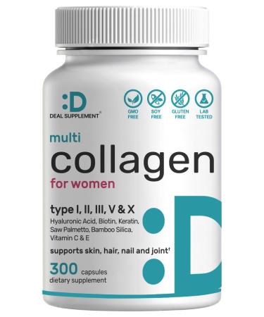 Multi Collagen Pills with Vitamin C E & Biotin 300 Capsules Hydrolyzed Collagen Peptides 11 in 1 Formula with Saw Palmetto Bamboo Silica & Hyaluronic Acid Hair Skin Nail & Joint Health