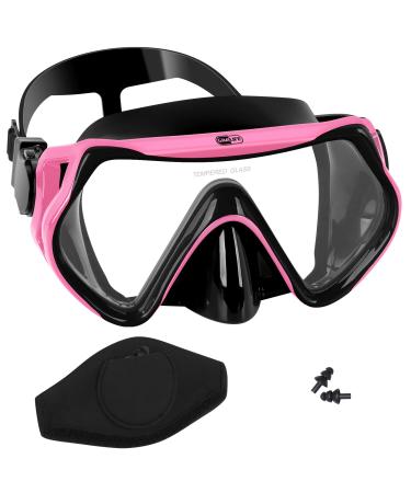 Swim Mask, Gimilife Snorkel Diving Mask Anti-Fog Goggles with Nose Cover Silicone Skirt Tempered Glass with Neoprene Mask Strap Cover and Swimming Earplugs for Adults Swimming Scuba Dive Snorkeling Black - Pink