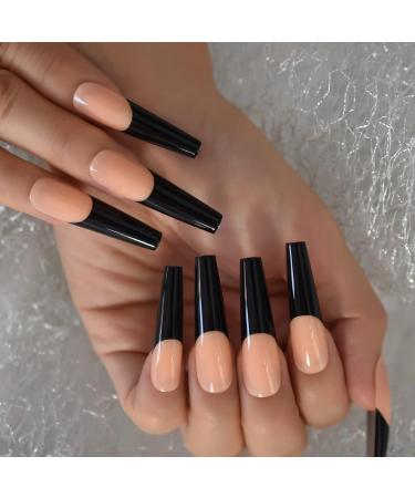 Black Lace French Artificial Nails - Extra Long Coffin Shiny Acrylic U-Shaped Tips - 24-Piece Party Set for Women - Buy Online on GoSupps.com