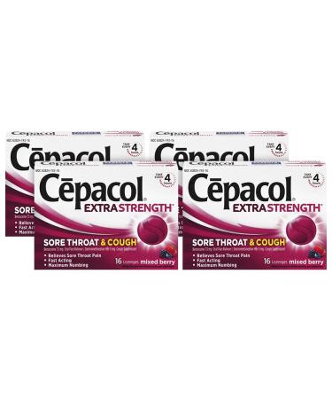 Cepacol Extra Strength Sore Throat & Cough Relief Lozenges 16 Count Mixed Berry Flavor Maximum Numbing Fast Acting Relieves Sore Throat Pain and Quiets Cough (Pack of 4)