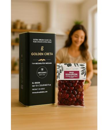 Golden Kreta Olive Oil 3L 3 x 1L cans + 1 Lamda Estate Kalamata Vacuum-Packed Olives 250g - Buy Online on GoSupps.com