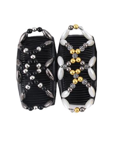 2PCS Ycfish Stretchy Double Comb Hair Clip Magic Hair Combs ouble Comb Adjustable Hair Clip Beads And Flowers Beading Women's Magic Hair Trimmer Square Insert Comb (Black Gold)