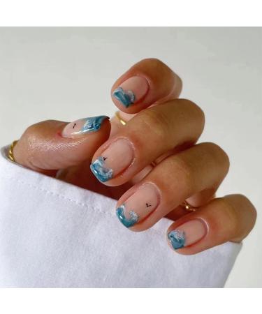 24pcs French False Nails Short - Almond Square Press on Nails - Full Cover Acrylic False Nails With Glue - French Fake Nails Stick on Nails for Women and Girls Nail Art (Sea Wave)