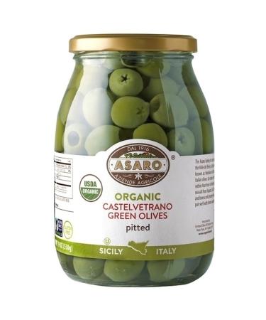 ASARO Organic Castelvetrano Green Pitted Olive Pack of 1 Jar - 36 Fl.Oz. DR WT 16 Oz.z/550 gm.