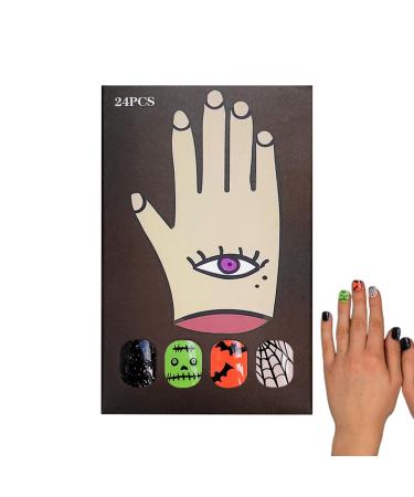 Halloween Nails Full Glossy Nails For Women Halloween False Nails Short Square Fake Nails False Nails With Spider Web Bat Ghost Glossy Design For Women Girls