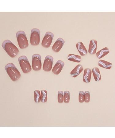 Shop Pink French Tip Press on Nails | Medium Square Glitter Wavy Stripe Acrylic Fake Nails | Reusable Coffin Nails with Glue - Perfect DIY Manicure for Women - Buy Online on GoSupps.com