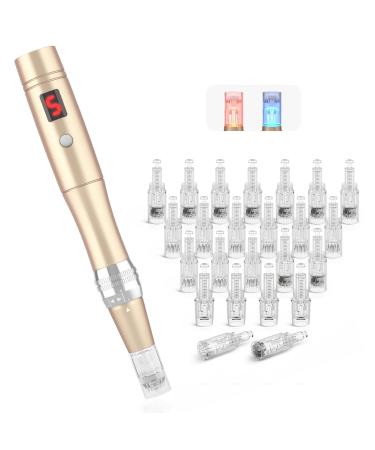 Beaut links DerMapen Electric Microneedling Pen Micronic needles PEN 0-2.0mm with LED light microneedle skin repair tool for face skin rejuvenation anti-acne folding (incl. 24 needles cartridges)