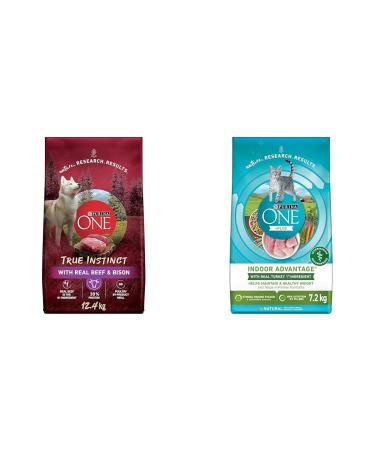 Purina ONE True Instinct High Protein Dry Dog Food Beef & Bison - 12.4 kg Bag & +Plus Dry Cat Food Indoor Advantage Turkey - 7.2 kg Bag