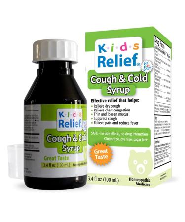 Kids Relief Cough & Cold Syrup for Kids 0-12 Yrs, for Dry and Productive Cough, Caramel Flavor, Gluten and Dye Free, No Added Sugar, 3.4 Fl Oz (Pack of 1)