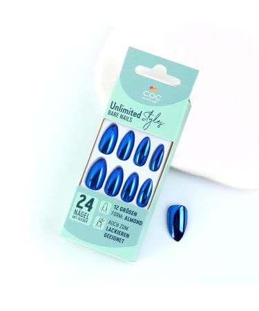 24Pcs Blue Chrome Press-On Nails | Glossy Sparkly Gel Glue-On Nails | Medium Almond Acrylic Manicure Art for Coquette Women - Buy Online on GoSupps.com