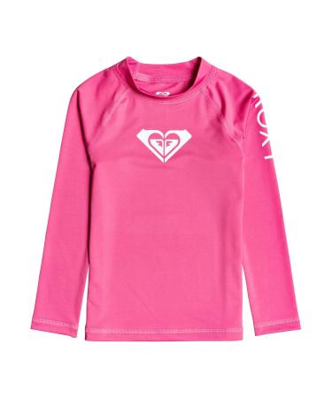 Roxy Unisex Kids Whole Hearted - Long Sleeve Rashguard with UPF 50 for Girls 2-7 L/sl Surf Tee 4 Pink Flambe