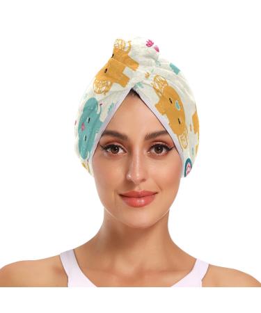 Cartoon Elephant Hair Towel 2 Pack Super Absorbent Hair Drying Towel Quick Dry Hair Turbans Head Towel with Button Twisty Wrap for Women Girls
