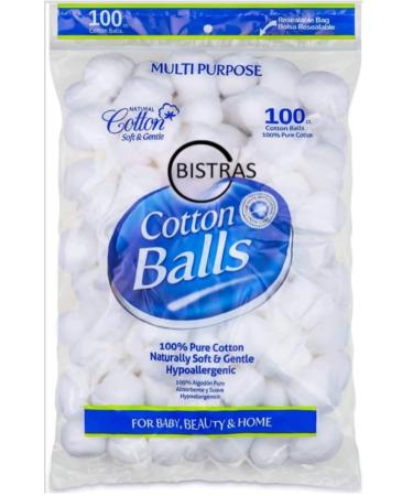 Bistras 100 Cotton Balls, 100% Pure Cotton for Applying Oil, Lotion or Powder, Nail Polish and Make-Up Removal, Perfect for Multi-Purpose Use, Soft and Absorbent (100 Count)