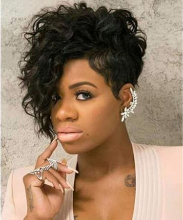 SEVENCOLORS Short Curly Wigs for Black Women Natural Looking Wavy Short Black Wigs with Bangs African America Afro Short Hair Synthetic Wigs
