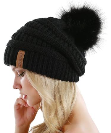 QUEENFUR Women's Slouchy Beanie with Faux Fur Pompom - Black | Winter Ski Cap - Buy Online on GoSupps.com