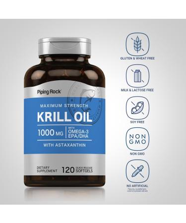 Piping Rock Krill Oil 1000mg Softgels | 120 Count | Omega 3 EPA DHA Supplement | with Astaxanthin | Maximum Strength |Non-GMO Gluten Free - Buy Online on GoSupps.com