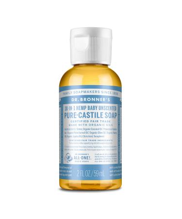 Dr. Bronner's - Pure-Castile Liquid Soap (Baby Unscented  Travel Size  2 ounce) - Made with Organic Oils  18-in-1 Uses: Face  Body  Hair  Laundry  Pets and Dishes  Concentrated  Vegan  Non-GMO Baby Unscented 2 Fl Oz (Pac...