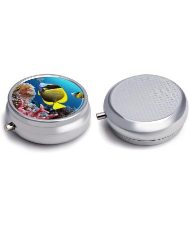 Round Tropical Fish Print Pill Box | 3 Compartment Portable Medicine Organizer - Stylish Metal Design - Buy Online on GoSupps.com