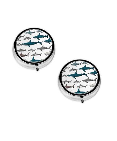 (Sharks Nautical) Round Pill Box 3 Compartment Pill Box Mini Decorative Pocket Purse Portable Travel Medicine Tablet Vitamin Holder Organizer Pill Case