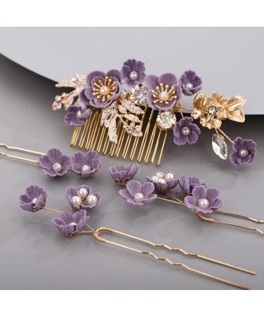 BERYUAN Rhinestone Flower Hair Pieces Bridal Purple Flower Hairpins Hair Comb Set for Bride Bridesmaid(4pcs)