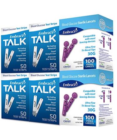 200 Embrace Talk Blood Glucose Test Strips includes 200 30g Lancets