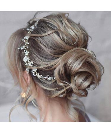 Unsutuo Bride Wedding Hair Vine Silver Crystal Flower Bridal Hair Accessories Pearl Leaf Hair Piece for Women and Girls