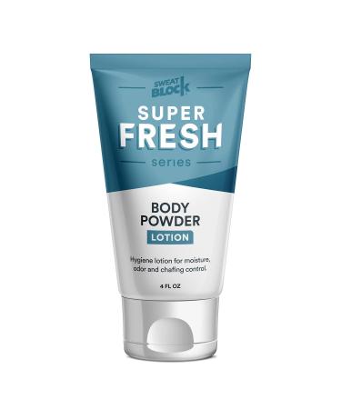Super Fresh Body Powder Lotion by SweatBlock - Talc Free  Anti-Chafing  Deodorizing  Natural Ingredients - No Mess Body Powder Lotion for Men and Women - 4 fl oz. 4 Fl Oz (Pack of 1)