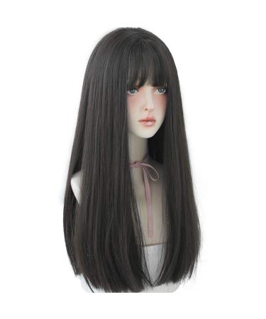 URCGTSA 22 Inches long Hair Wig for Women Black Synthetic Hair Natural Long Straight Wig With Bangs Party Cosplay Wig for Girl (Black brown)