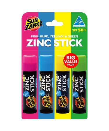 Sun Zapper Zinc Stick Mineral Sunscreen (Pink Blue Green Yellow) SPF 50+ Water Resistant for Face & Body Adults Kids 4-Pack Broad Spectrum Sun Block Made in Australia